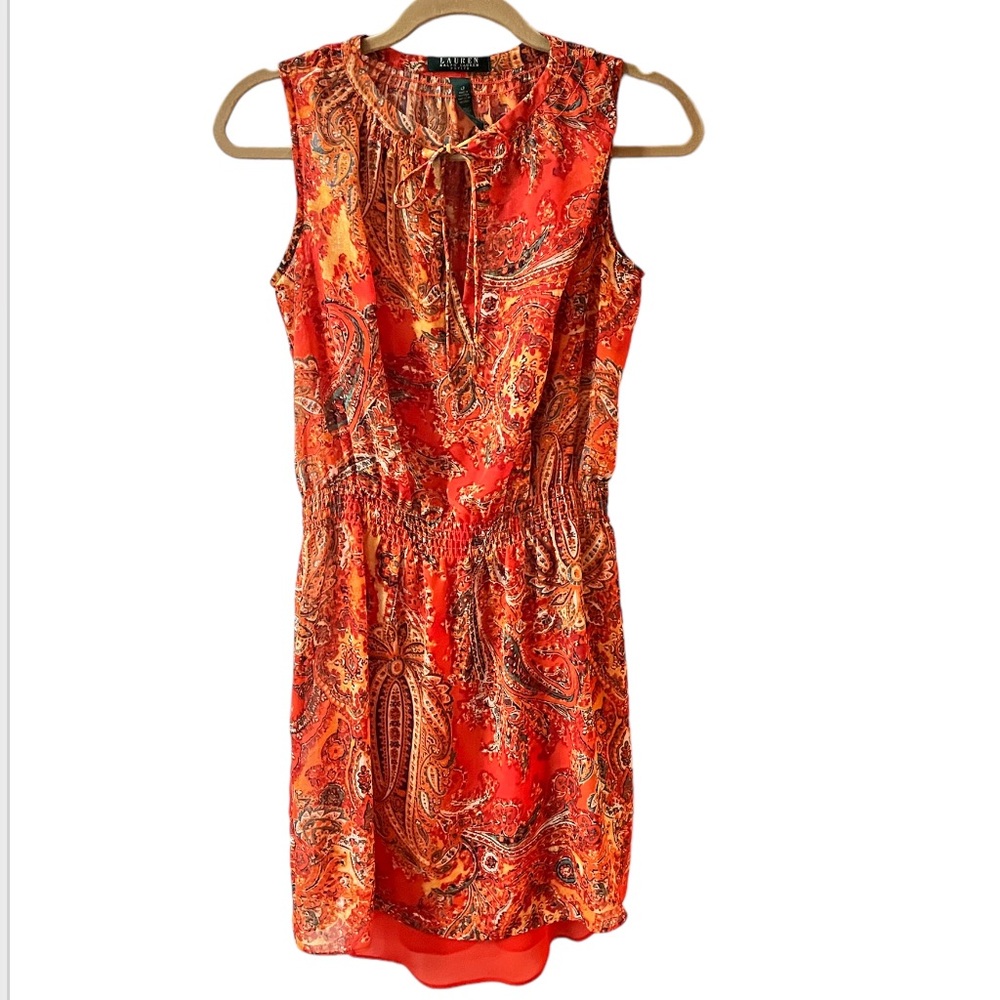 Ralph Lauren Petite Dress Split Neck Chiffon Sleeveless Paisley Blouson Size 4P
